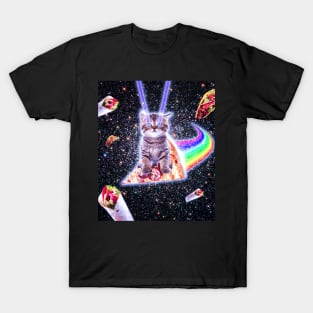 Laser Eyes Space Cat Riding Rainbow Pizza T-Shirt